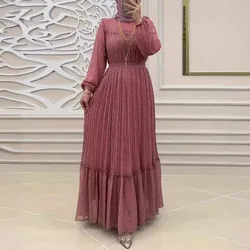 Abayas for Women Dress Long Sleeve Polka Dot Chiffon with Belt Robe O Neck Dubai Abayas Turkish Clothing High Waist for Party