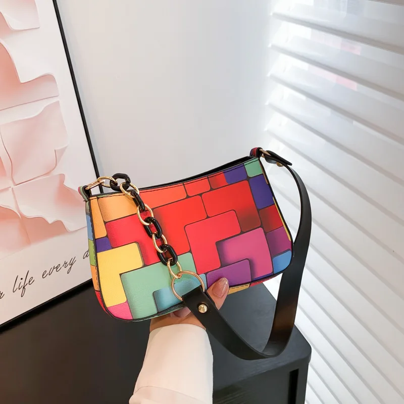 

2024 New High-Grade Stitching Fashion Shoulder Bag Contrast Color Messenger Bag Trendy Portable Small Square Bags for Women