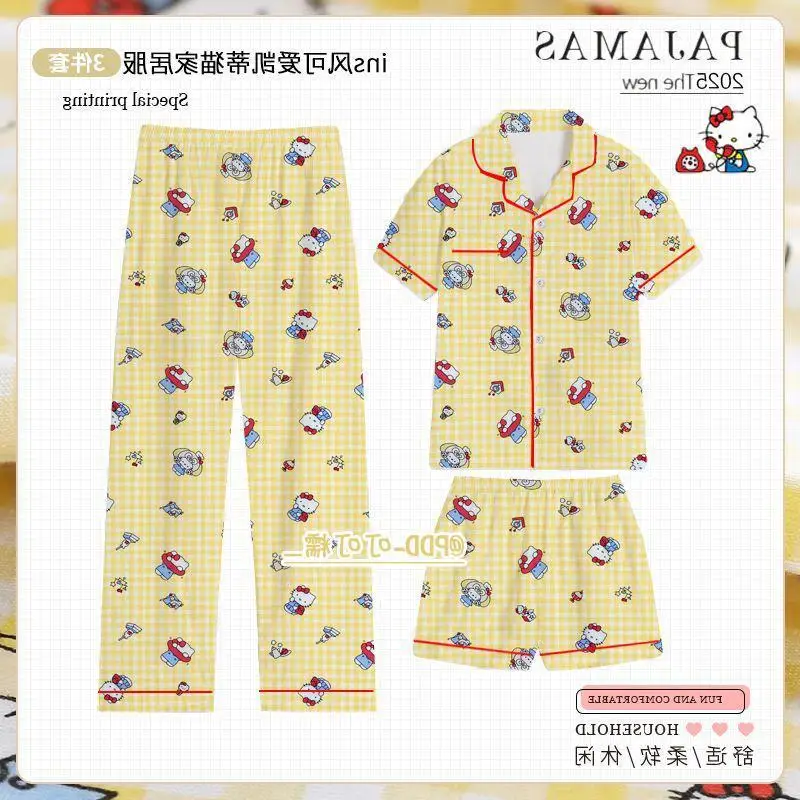 

3Pcs Sanrio Kawaii Printing Kawaii Hello Kitty Pajamas Summer New Comfortable Cartoon Short Sleeves Loose Sets Home Clothing Set