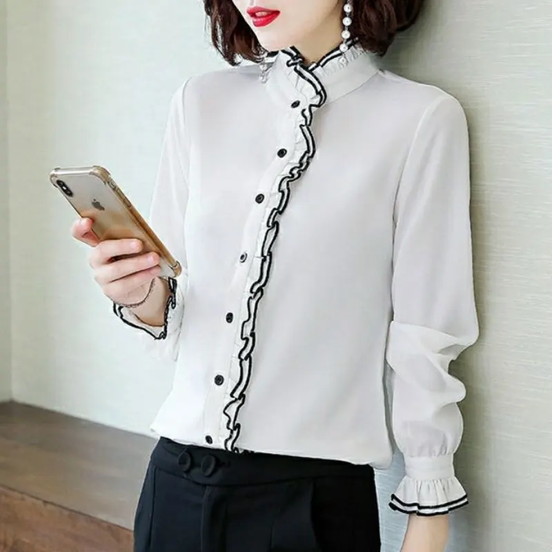 Lace Ruffles Chiffon Shirts Women\'s Clothing 2023 Autumn Winter New Office Lady Long Sleeve Pullovers Vintage Elegant Blouse 3XL