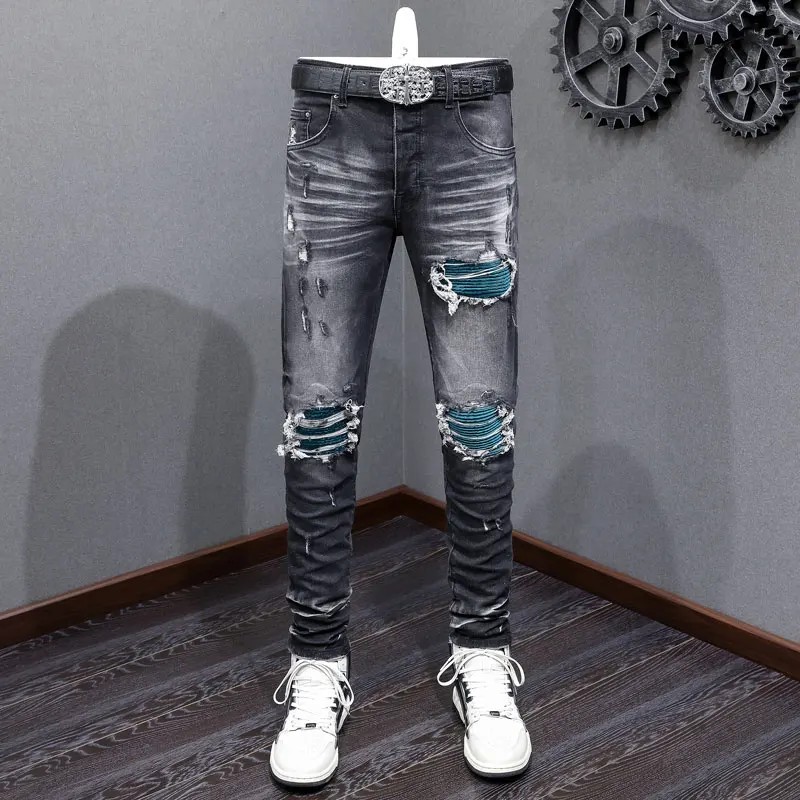 High Street Fashion Men Jeans Retro Black Gray Stretch Skinny Fit Ripped Jeans Men Green Patched Designer Hip Hop Brand Pants