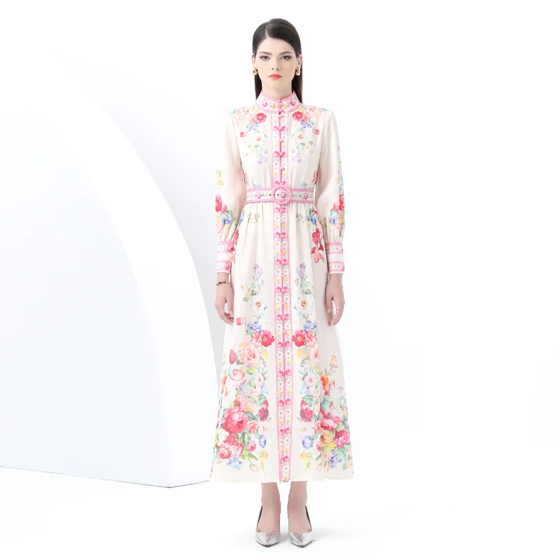 

Early Spring 2025-Style Stand-up Collar Puff Sleeve Wavy Long Retro Printing Dress