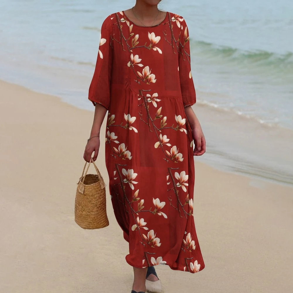 

Women's Casual Magnolia Print Red Long Skirt Beach Wear Suit Summer Oversized Elegant Wide Skirt Summer Mid sleeve Round Neck