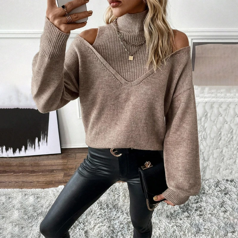 Women Half High Collar Sweaters Full Sleeve Pullovers Hollow Spliced Thick Sweater Off Shoulder Elegant Lady Solid Warm Autumn