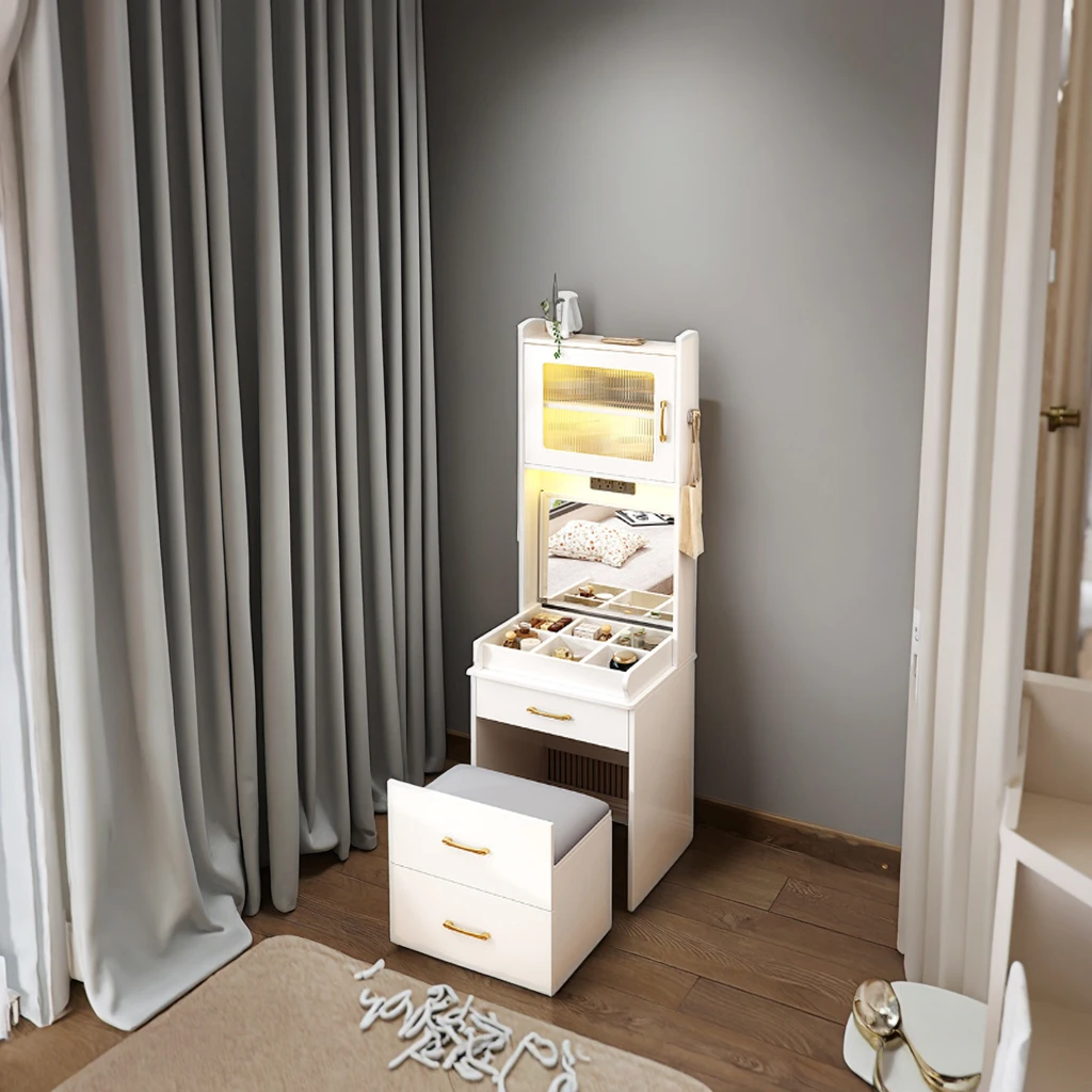 Modern Dressing Table 3 in 1 Vanity Dresser Desk With Lighted Mirror and Drawers for Apartment Multifunctional Bedside Table