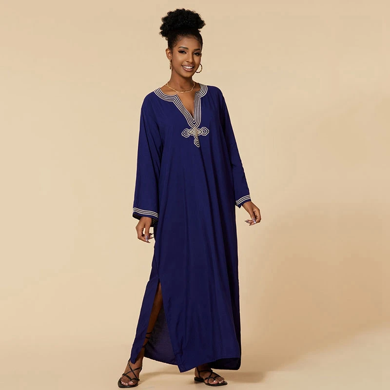 Navy Blue Dress Women AShape Maxi Dresses Delicate Embroidery On V-Neck Lonng SleeveCuff Exotic Boho Kaftan Abaya Chic Caftan