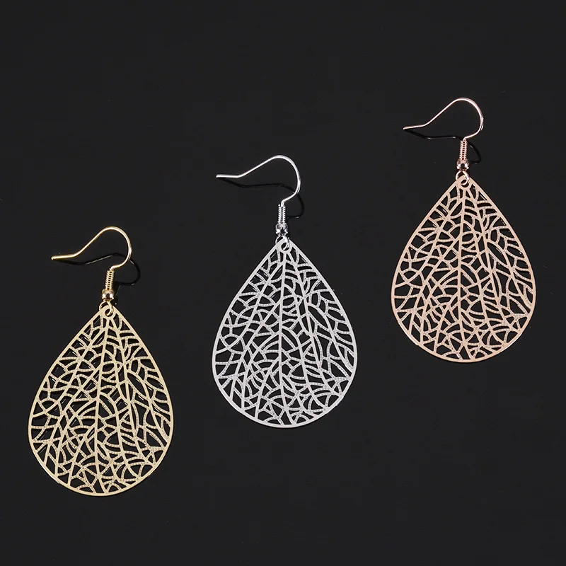 Fashion Jewelry Women's Daily Gifts Water Drop Carved Metal Plate Hollowed Out Leaves Gold-plated Court Retro Style Earrings