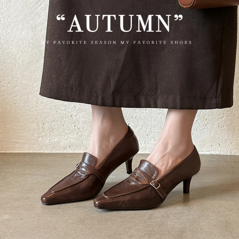 2026 new spring autumn women pumps natural leather 22-24.5cm cowhide+sheepskin+ pigskin square toe buckle high heel women shoes