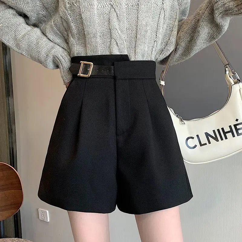 Office Lady Chic Belt Spliced Wide Leg Shorts Summer New Women's Clothing Commute All-match Solid Color High Waist Suit Pants