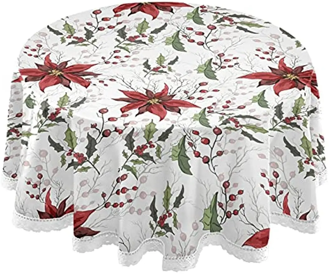 Christmas Flowers Poinsettia Holly Round Table Cloth, Winter Xmas Floral Polyester White Lace Tablecloth Round Table 60 Inch