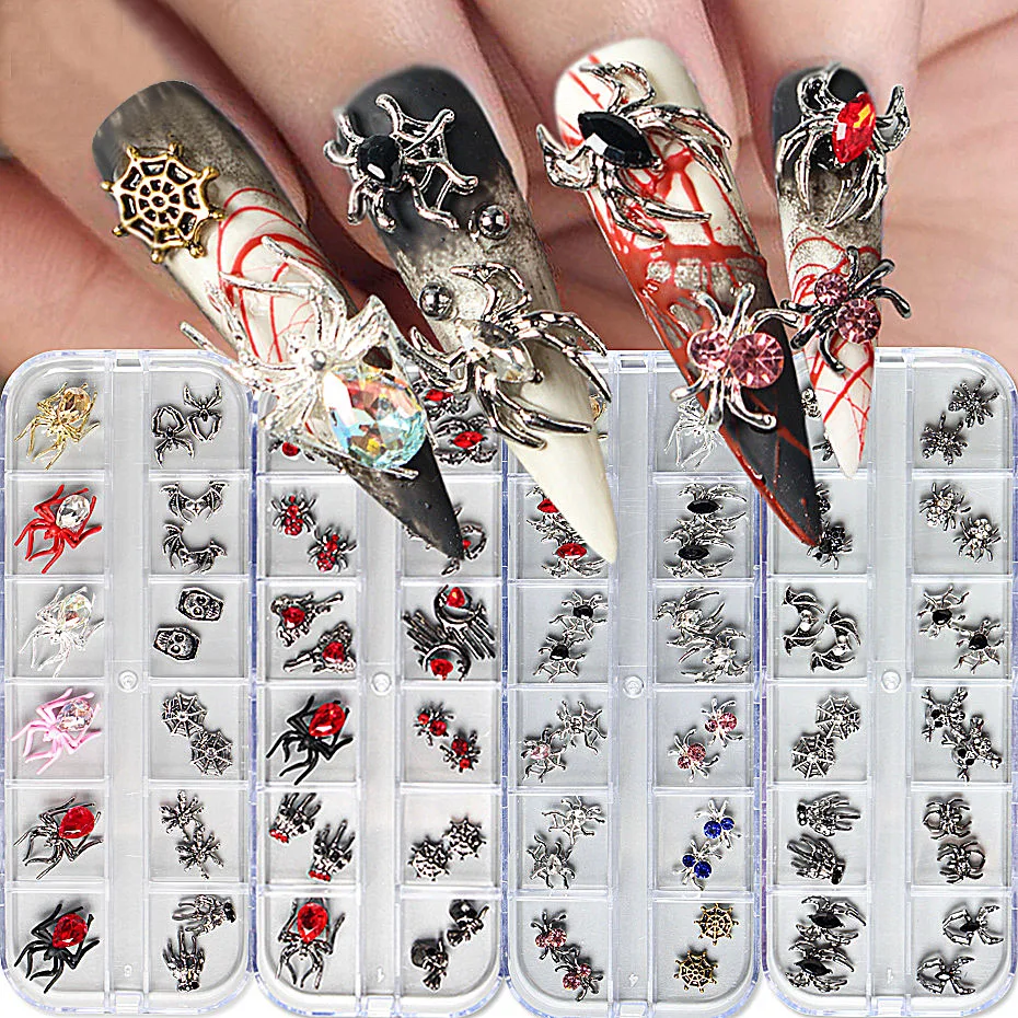 Halloween Spider Plated Red Rhinestone Metal Heart Bat Ghost Hand Claw Skull Alloy 3D Nail Art Decoration Mixed DIY Nail Supplie