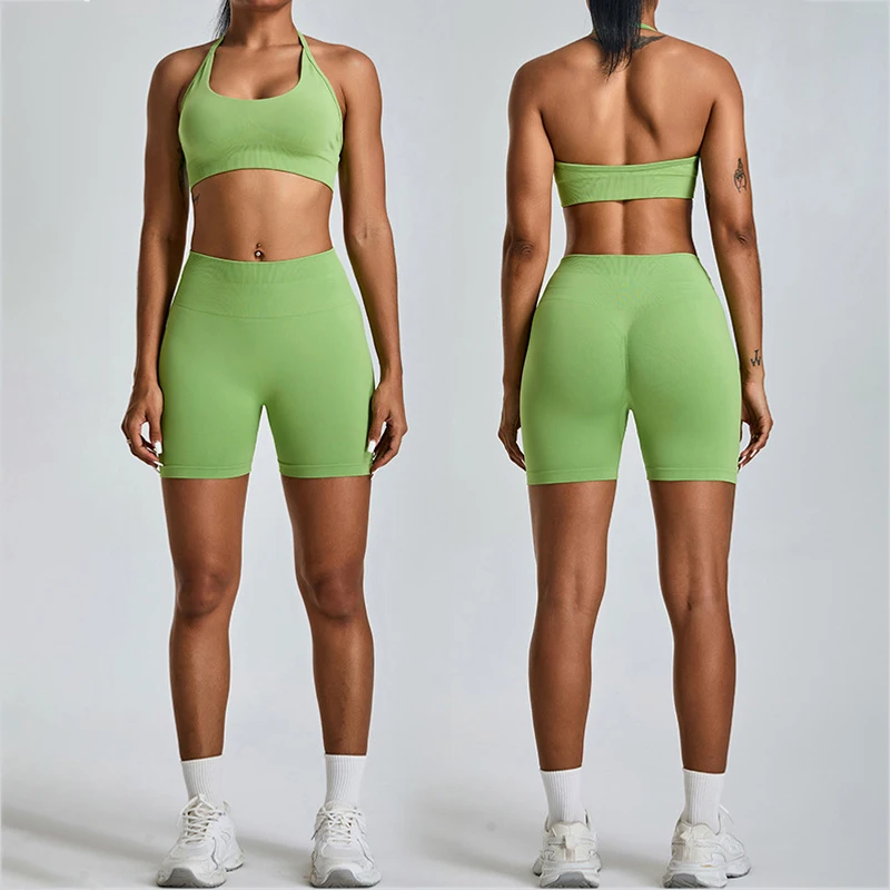 

New Seamless Hanging Neck Sports Suit Female Peach Lifting Hip Tight Yoga Clothing Outside Wearing Running Quick Dry Fitness Set