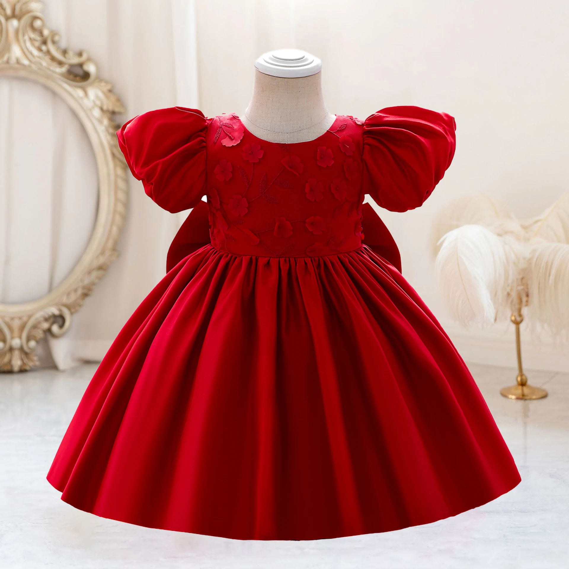 Elegant Baby Girl Flower Dress For Wedding Formal Bow Kids 1st Birthday Party Baptism Princess Dresses Children Puff Sleeve Gown