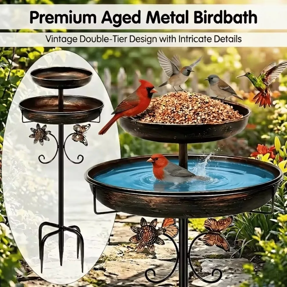 Metal Bird Bath Feeder Set Rust Resistant Dual-Layer Design Garden Bird Feeder Four-Prong Ground Stakes Vintage Style