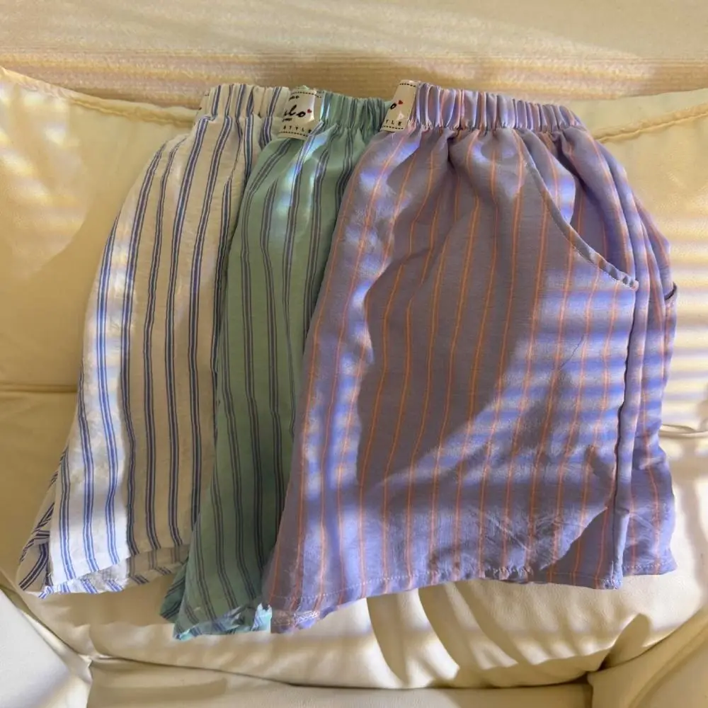 Spring Summer Casual Shorts Women Baggy Chic Stripe Short Pants Elastic Waistband High Waist Thin Loose Shorts Indoor Outdoor