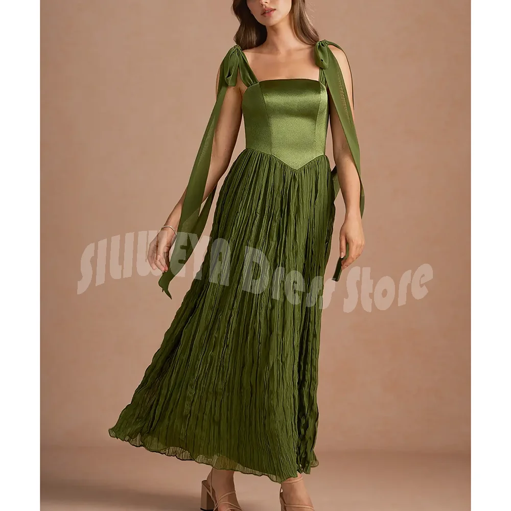 ชุดราตรีวินเทจสีเขียวโบว์ริบบิ้นสแควร์คอชุดแขนกุดข้อเท้าความยาวอย่างเป็นทางการแผนกต้อนรับ A-Line Gown