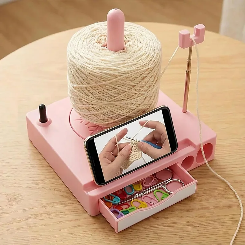 Portable Multi-Functional Yarn Holder Spinner with Phone Stand, Detachable Yarn Spool Box & Crochet Accessories Organizer