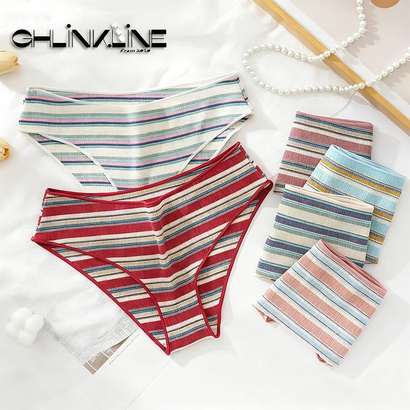 Women's Cotton Briefs Colorful Stripes Panties Comfortable Underwear Breathable Casual Briefs