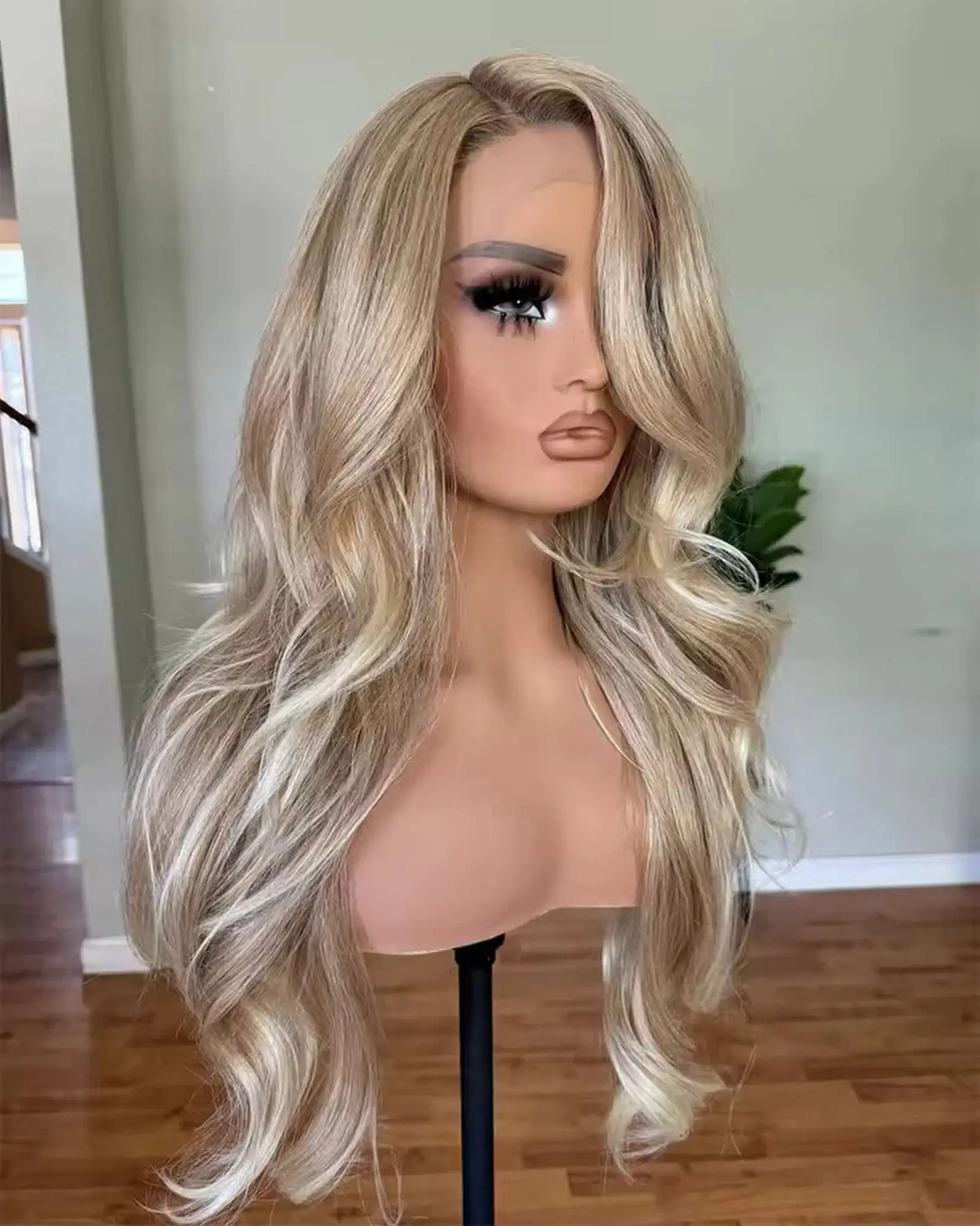 Natural Body Wave Wigs Highlight Free Part Ombre Ash Blonde Wig with Dark Roots Soft Synthetic HD Lace Front Wig Glueless Hair
