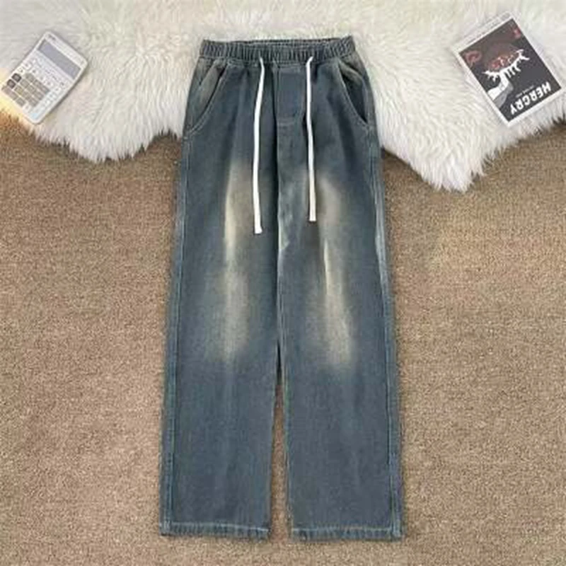 Men's Jeans Loose Straight Casual Denim Pants Elastic Ice Silk Male Trousers Outdoor Wide-leg Pants Fashion Nine-point Pants