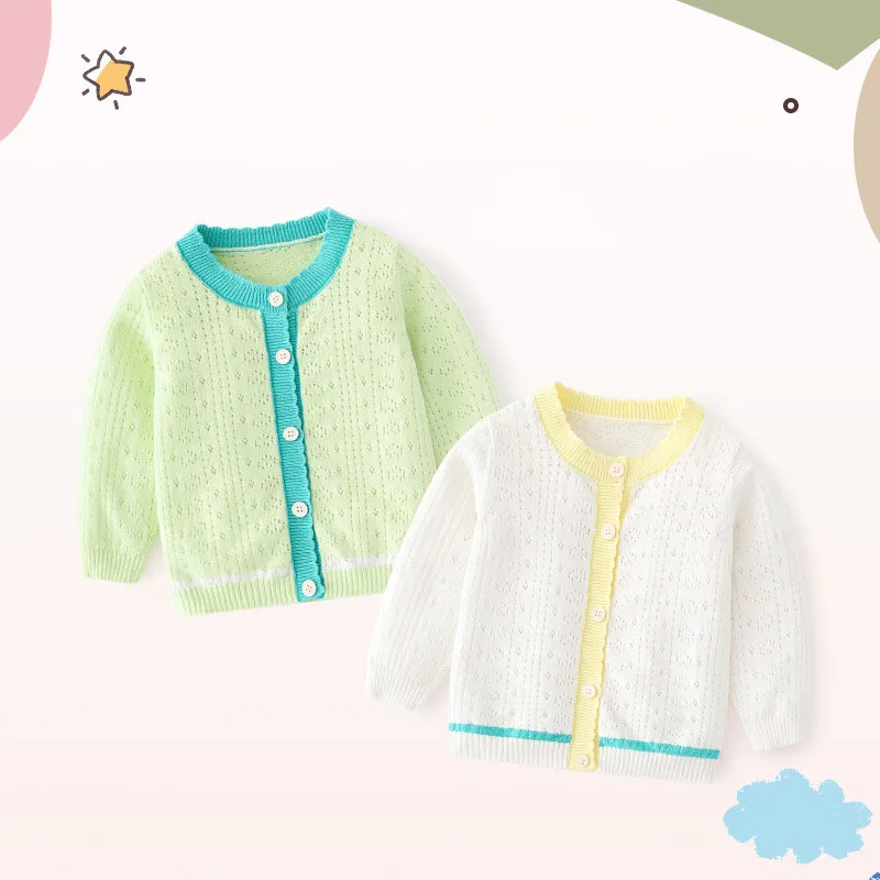 Spring Autumn Toddler Girl Hollow Cardigan Patchwork Cotton Little Girl Air-conditioned Shirt Single Breasted Baby Girl Knitwear