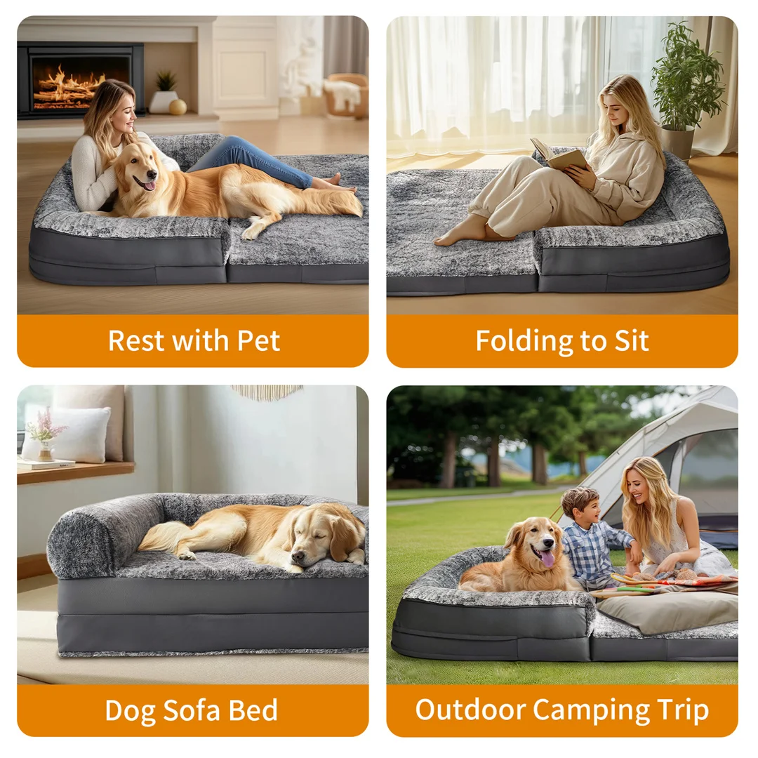 180cm Giant Dog Bed, Human Size Foldable Orthopedic Pet Bed with Plush Cover, Extra Large Calming Dog Mattress