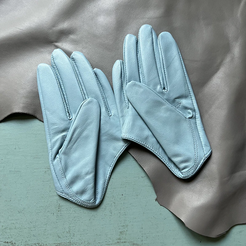 Men's and women's leather half-palm gloves light blue pure sheepskin single leather driving fashion matching single product