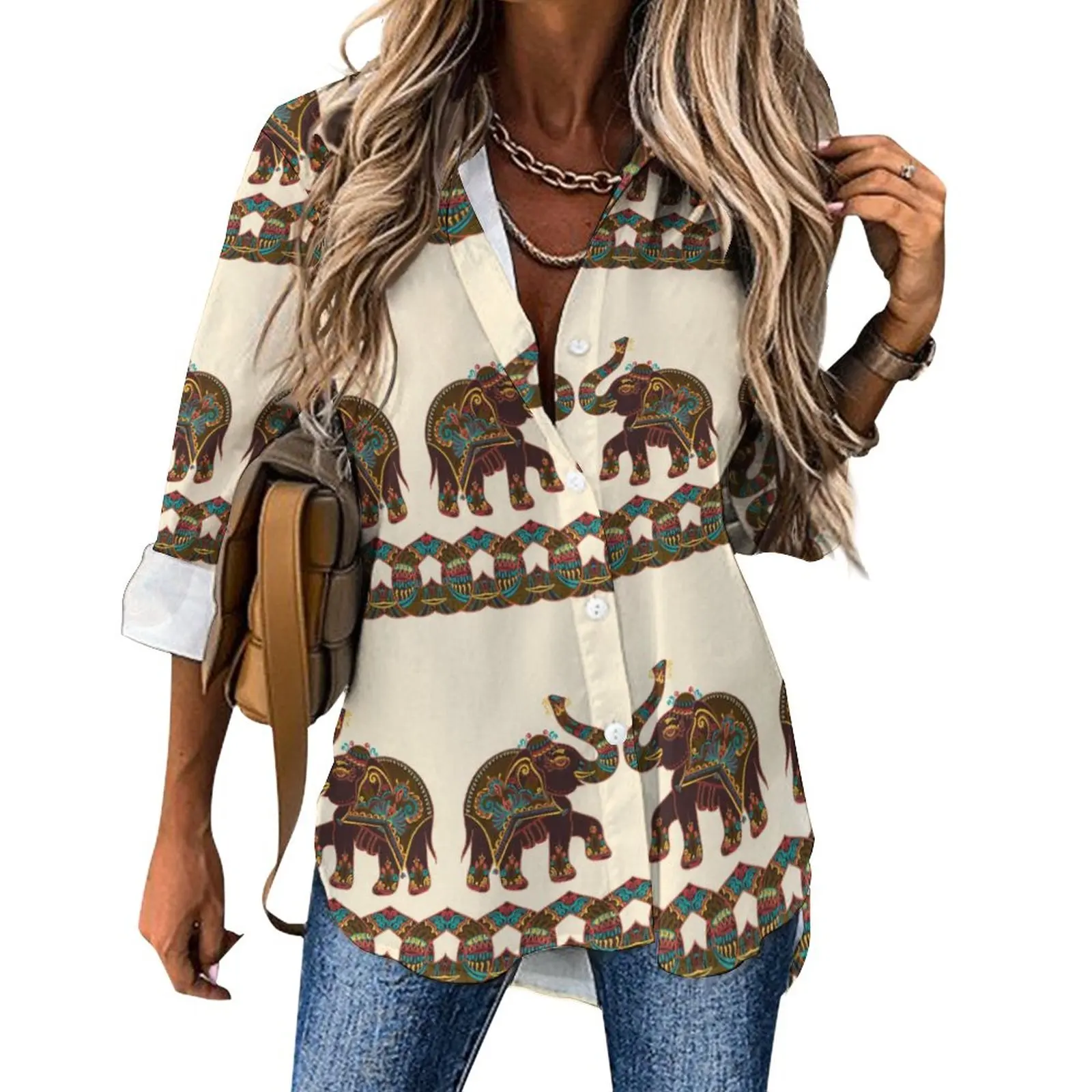 Indian Elephant Art Casual Blouse Long Sleeve Colorful Floral Print Cool Blouses Woman Basic Oversized Shirt Graphic Clothes