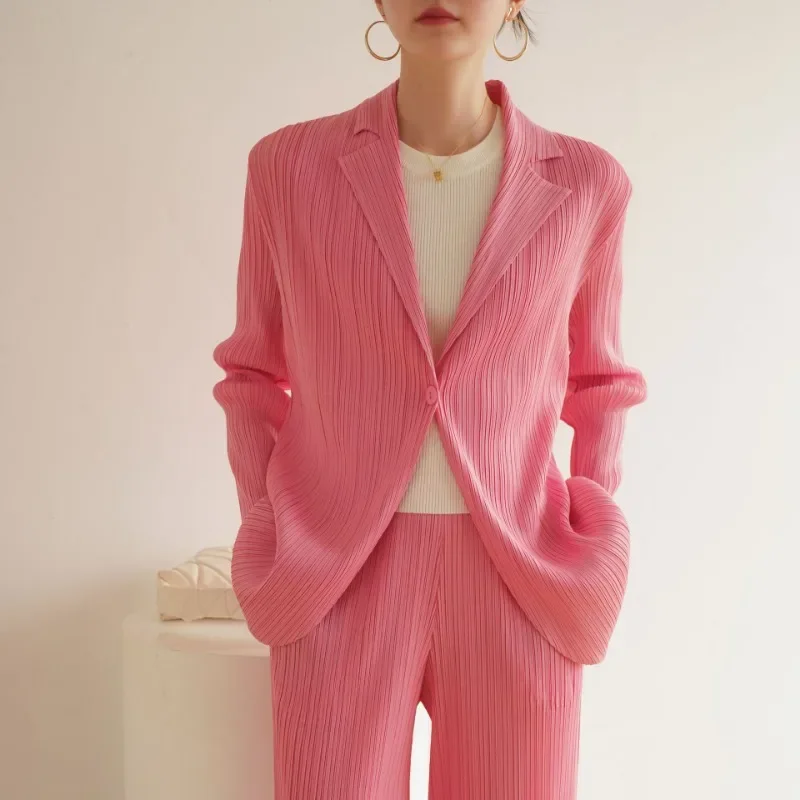 ALSEY Miyake Pleated Retro Commuter Casual One-button Women\'s Blazer Suit 2024 Autumn Spring New Simple Fashion Trouser Suit