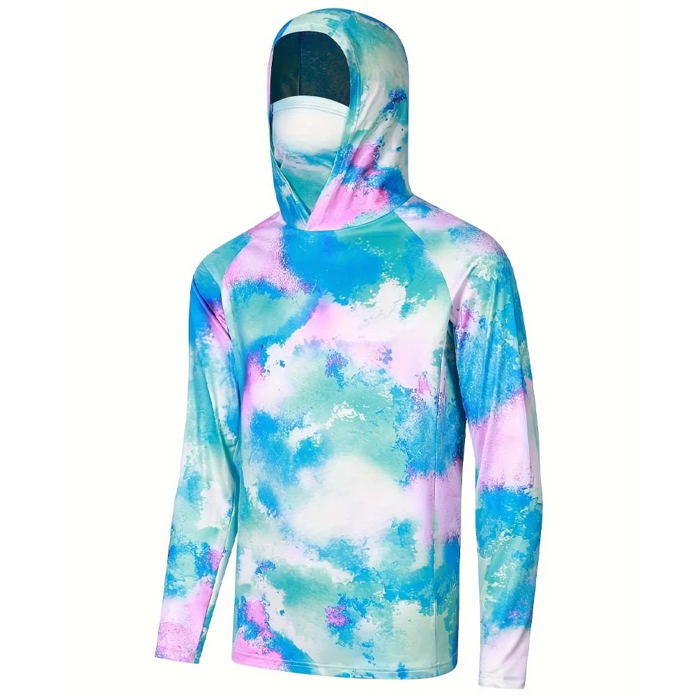 Men UPF50+ Camo Fishing Hoodie With Built-in Face Mask Quick Dry Sun Protection Long Sleeve Outdoor Hiking Cycling Tops