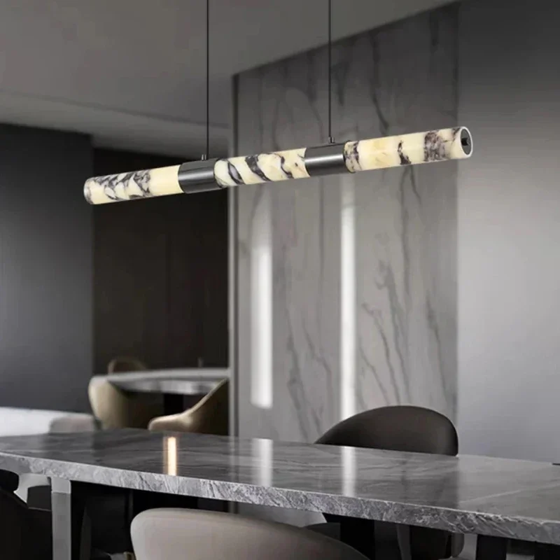 REVEN Modern long Marble LED Ceiling Chandelier Pendant Light with Snowflake gypsum Shade