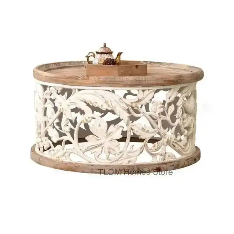 

For Modern Solid Wood Round Coffee Tables Creative Retro Carved Homestay Sofa Side Table Living Room Furniture Home End Table