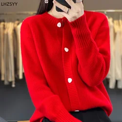 Women's 100% Merino Wool Knitted Cardigan Autumn/Winter Round neck Casual Coat Clothing Loose Warm Female Jacket Tops Base Shirt