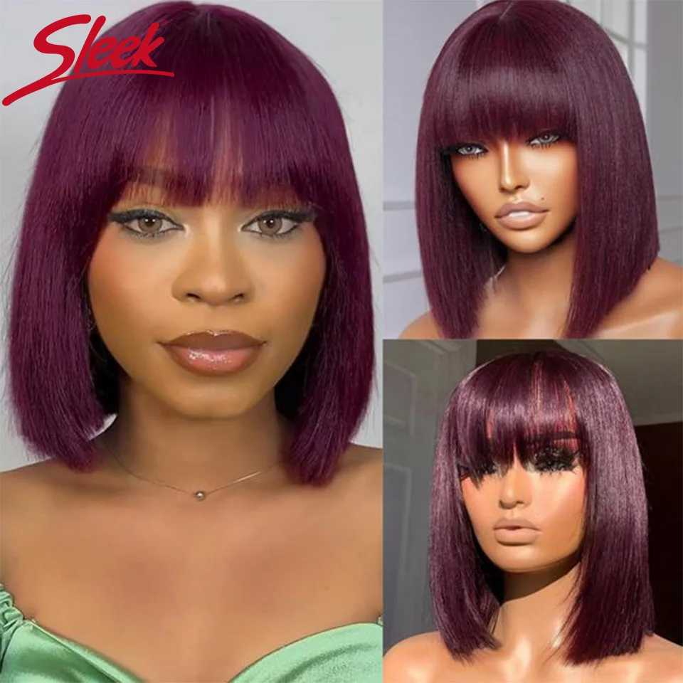 

Sleek Straight Bob Human Hair Wigs For Women 99J Red Colored Peruvian Hair With Bangs Short P4/30 Colored 100% Real Hair Wigs