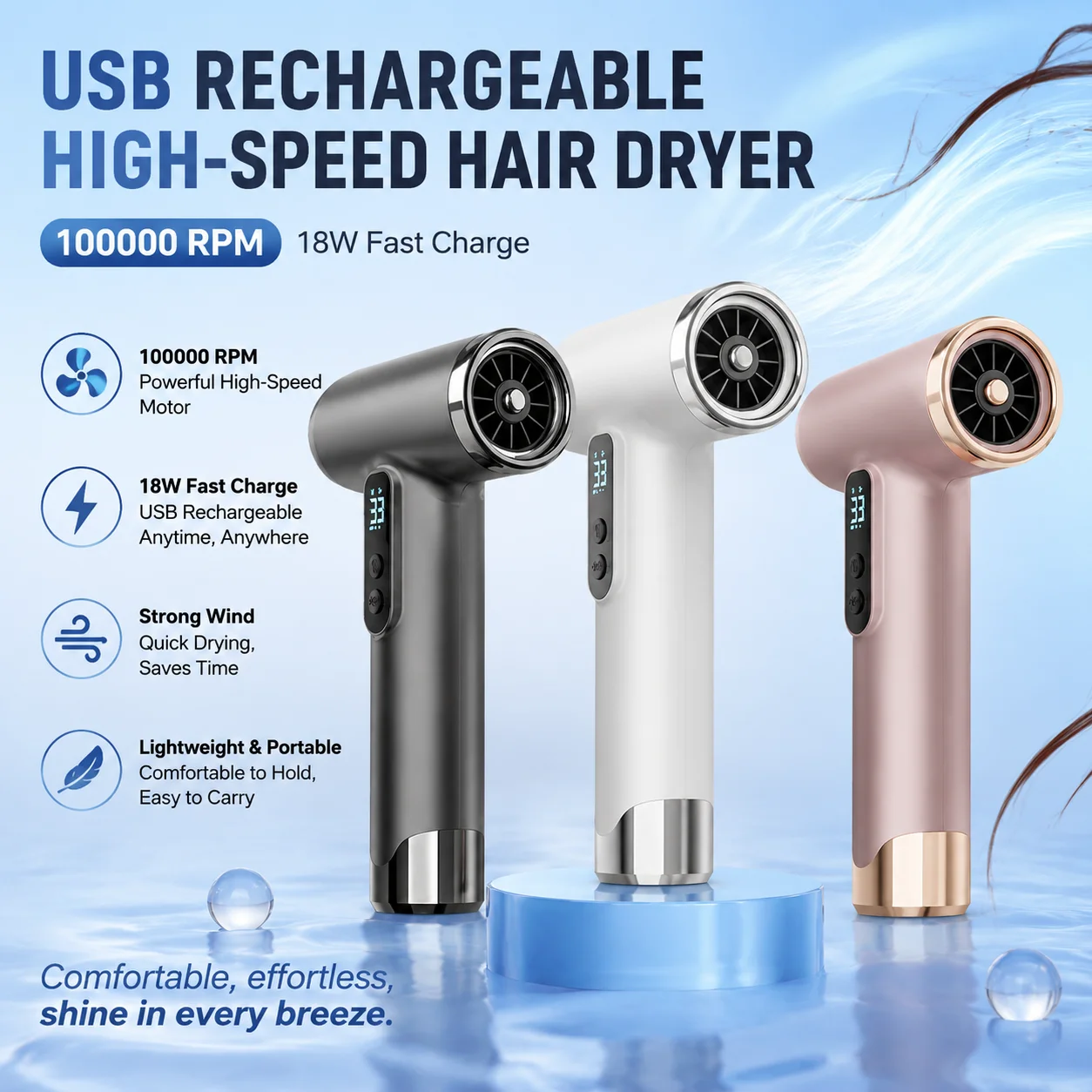 2026 New Upgrade Hair Blow Dryer 200W 15000mAh Portable Hair Dryer USB Rechargeable Multi Modes Lightweight Fast Drying