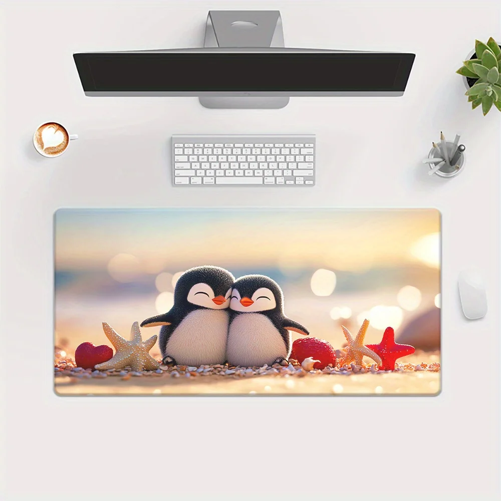 Adorable Penguin Beach Scene XXL Mouse Pad Durable Rubber Gaming Desk Mat for Office Setup