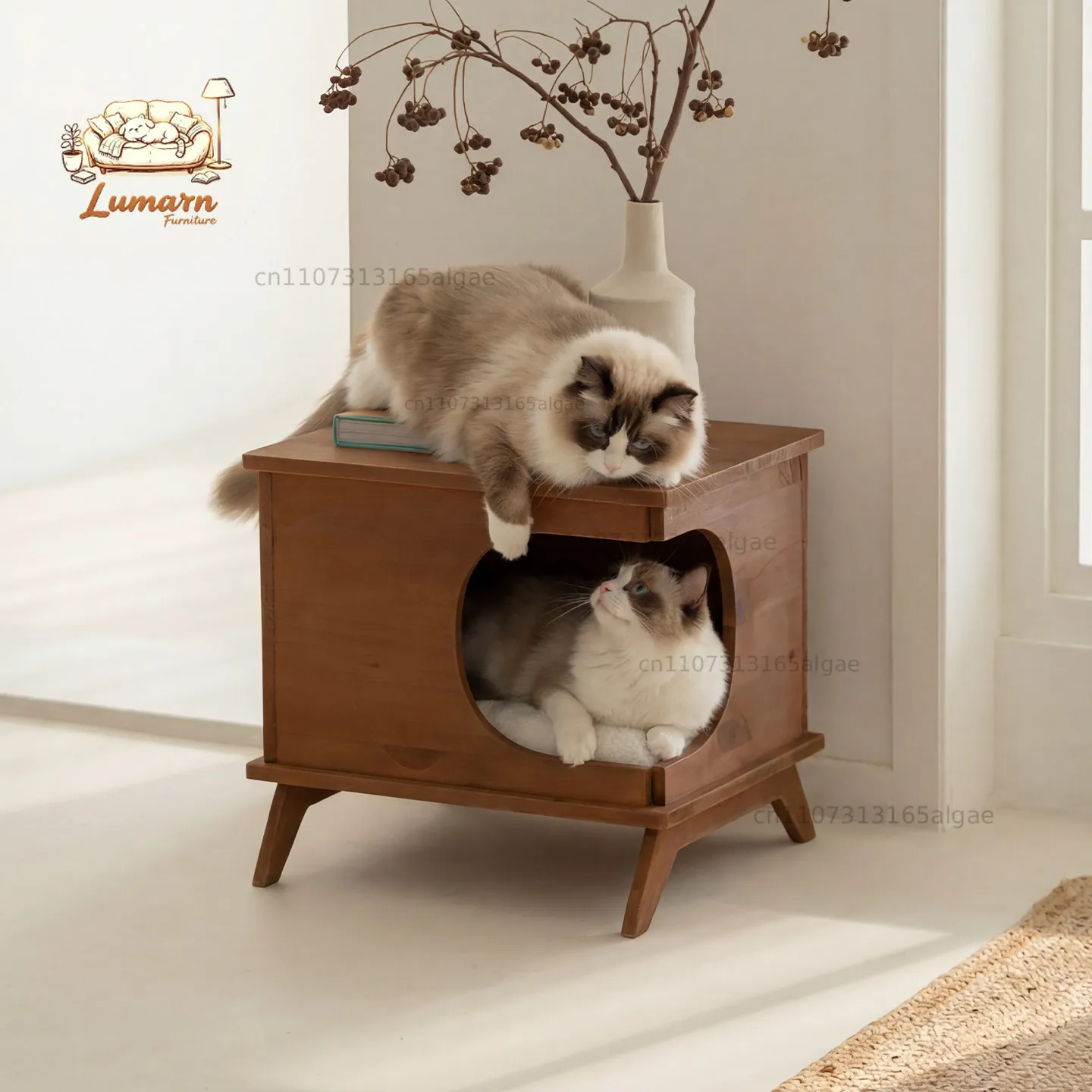 Solid wood cat nest bedside table pet locker Japanese log style bedroom multi-functional sofa side cabinet