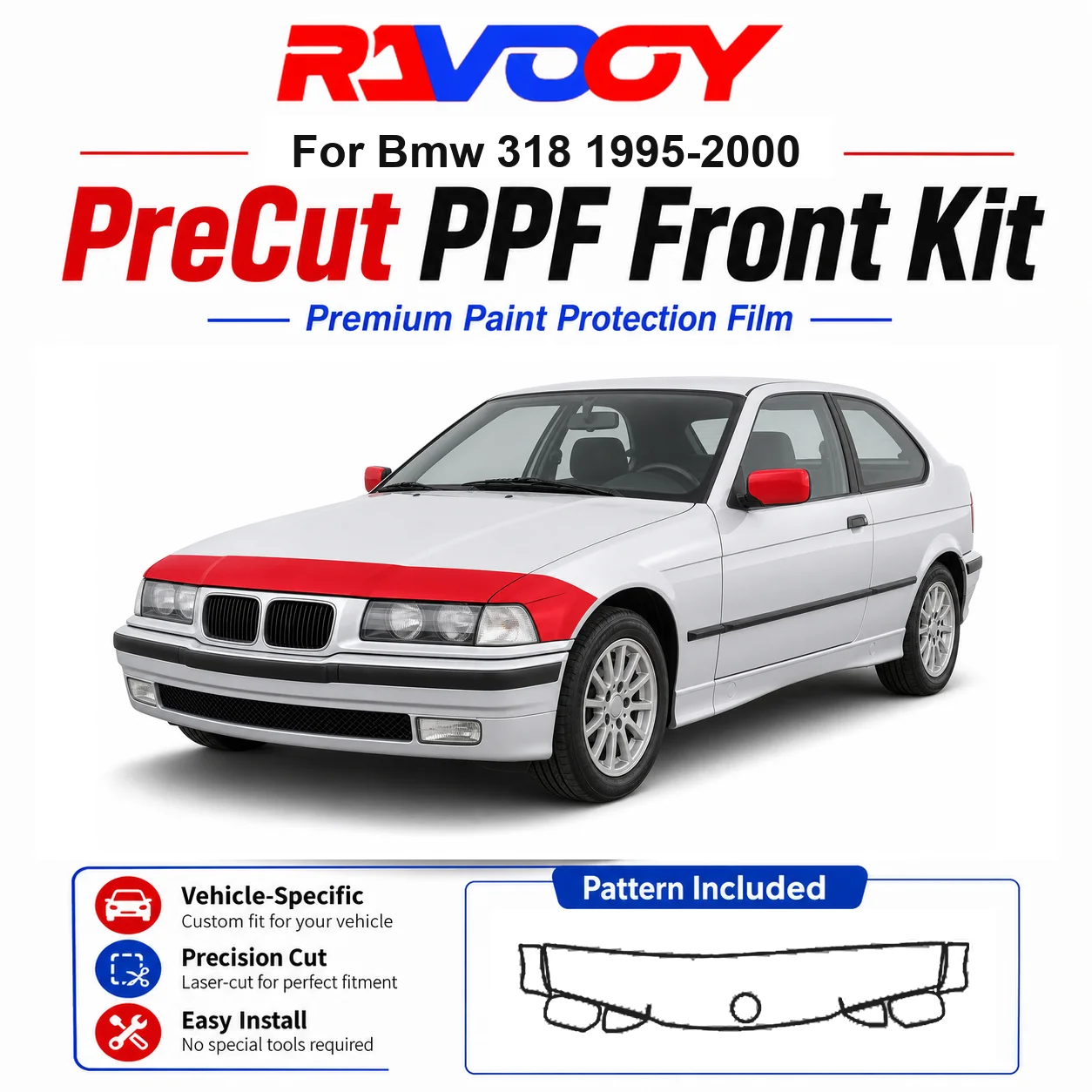 

8.5mil TPU Precut PPF Kit For BMW 318 1995-2000 - Hood, Partial Fenders & Full Mirror Set - Self-Healing Gloss Clear Bra Film