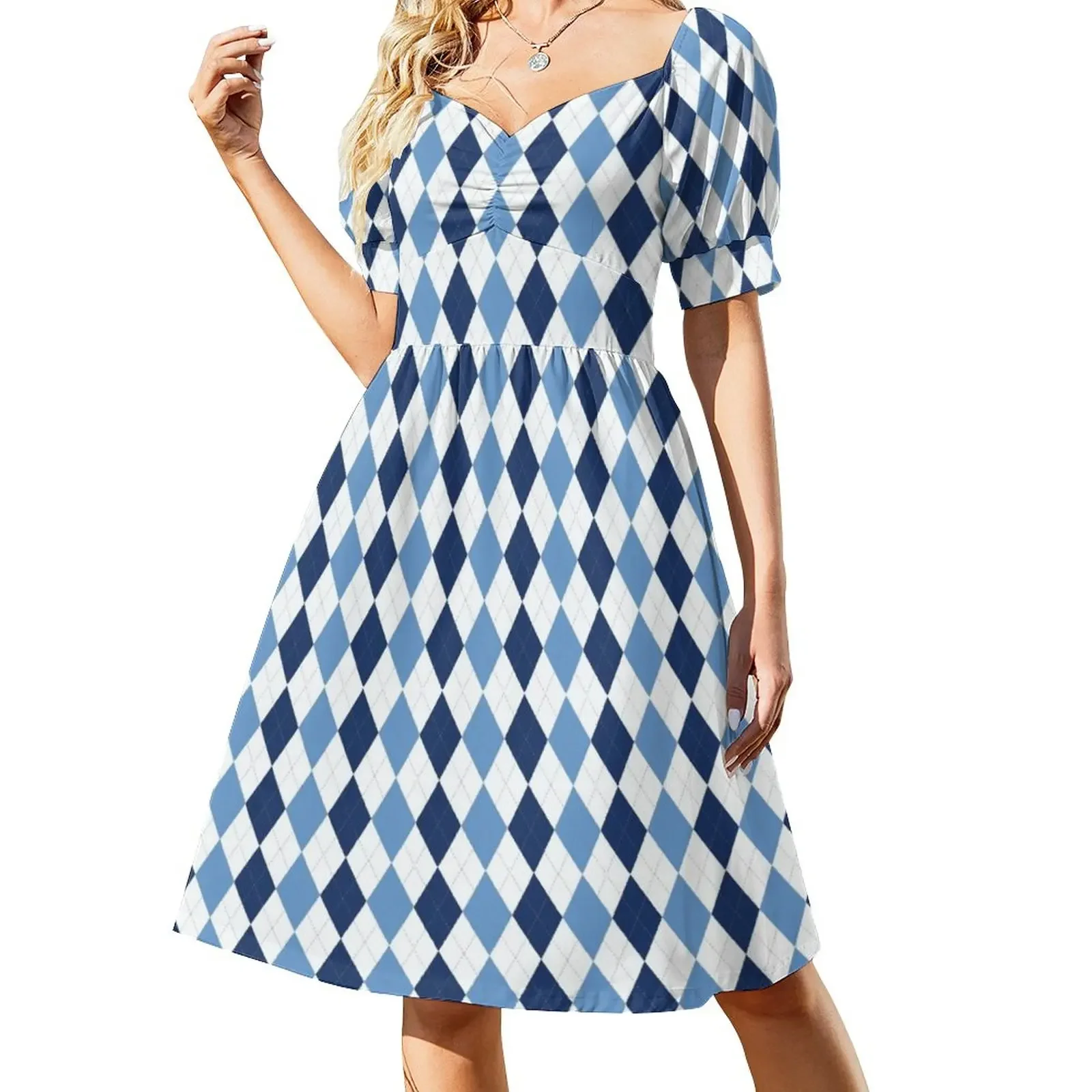 Navy/Carolina Argyle Short-Sleeved Dress women party dresses dresses for official occasions Woman dresses