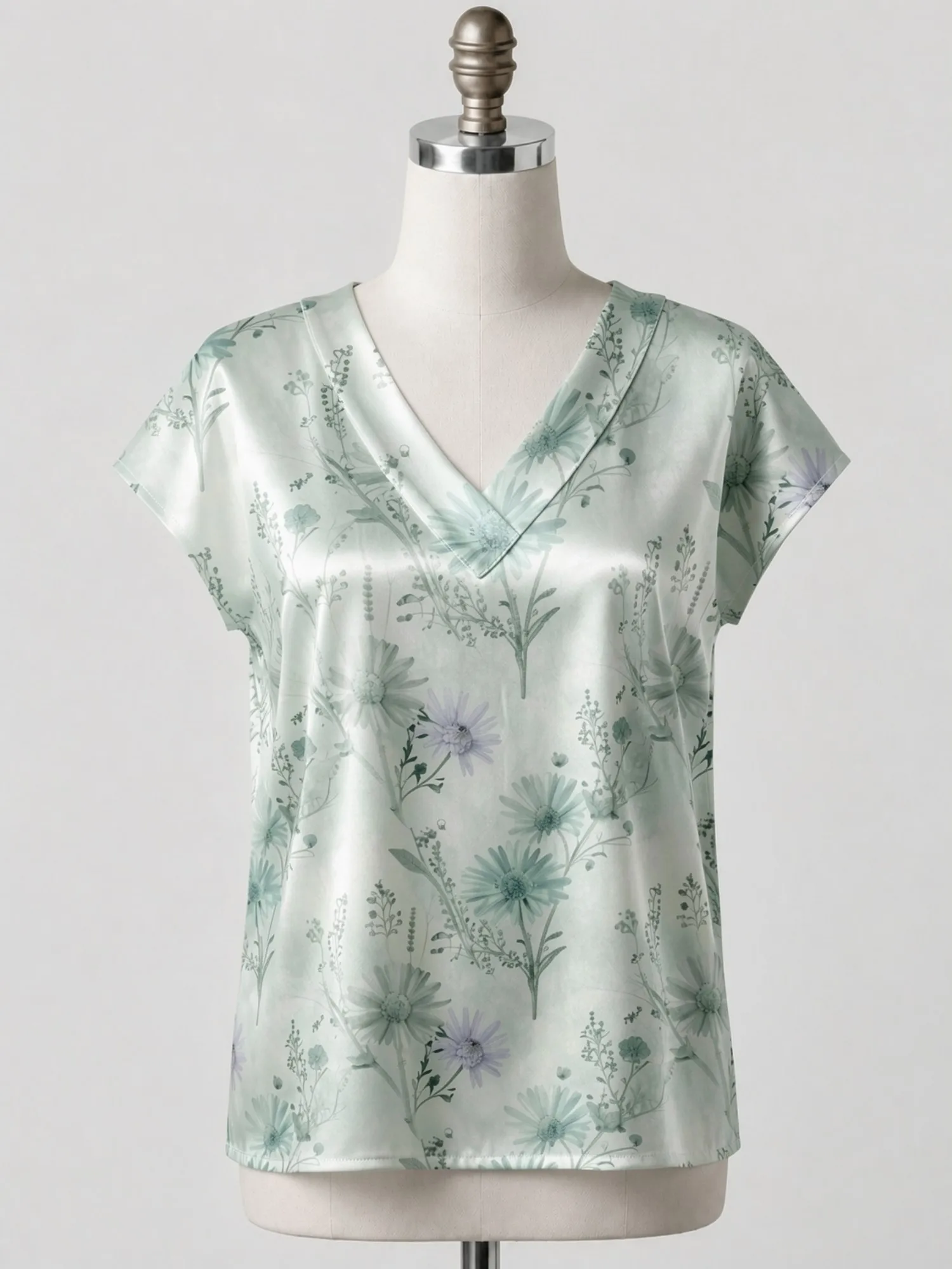 Floral Satin V Neck Top for Women Cap Sleeve Easy Draped Fit Silky Elegant Holiday Travel Wear Lightweight Breathable Smart Glam
