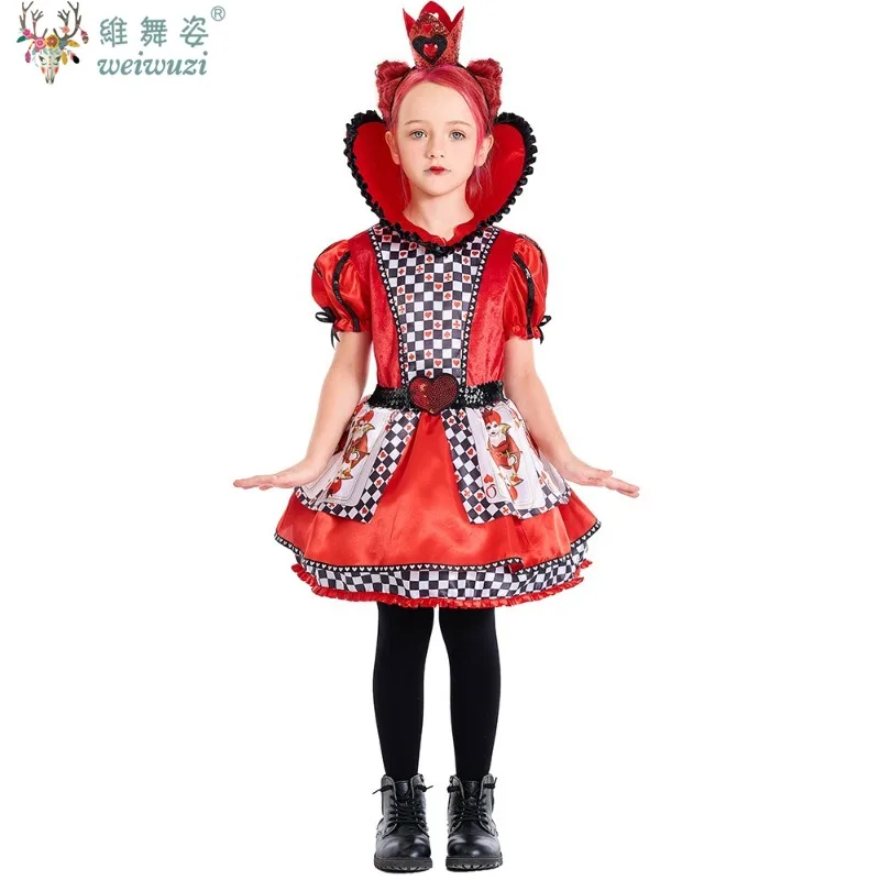 

Adult Kid Queen of Hearts Alice in Wonderland Costume Poker Queen Cosplay Halloween Masquerade Costumes Sexy Dress with Headwear