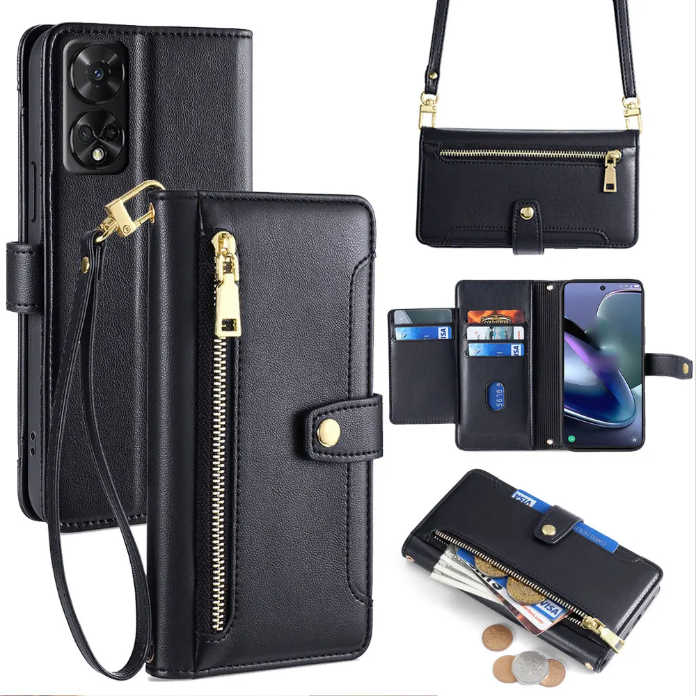 Business Crossbody Case Magnet Buckle Flip Leather Wallet Case for TCL 505 502 501 50 SE XL 50 5G 40 NxtPaper 4G With 2 Lanyard