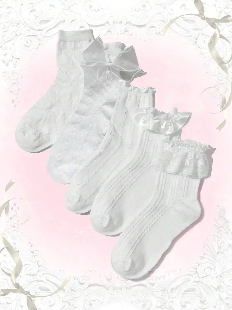 

3 Pairs Ruffle Trim Crew Socks For Women White Lace Bow Decorative