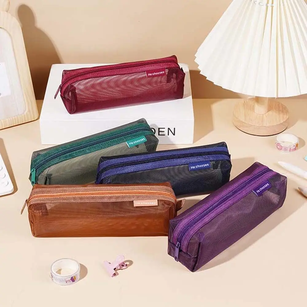 Hollow Clear Mesh Makeup Bag Lipstick Bag Candy Color Transparent Pencile Bag Korean Style Data Cable Storage Bag