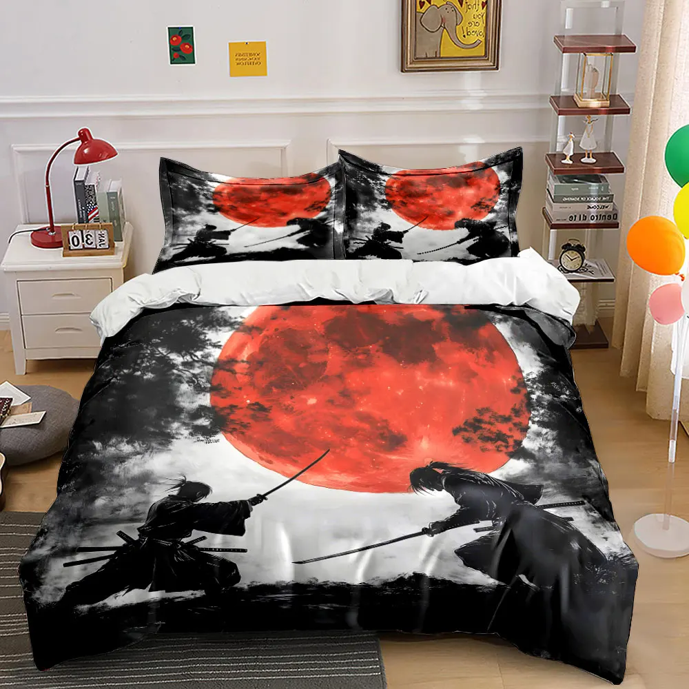 Samurai Duel Under Crimson Moon Bedding Set for Kids Luxury Gift 3pcs Digital Print Comforter Set Soft Comfortable Breathable