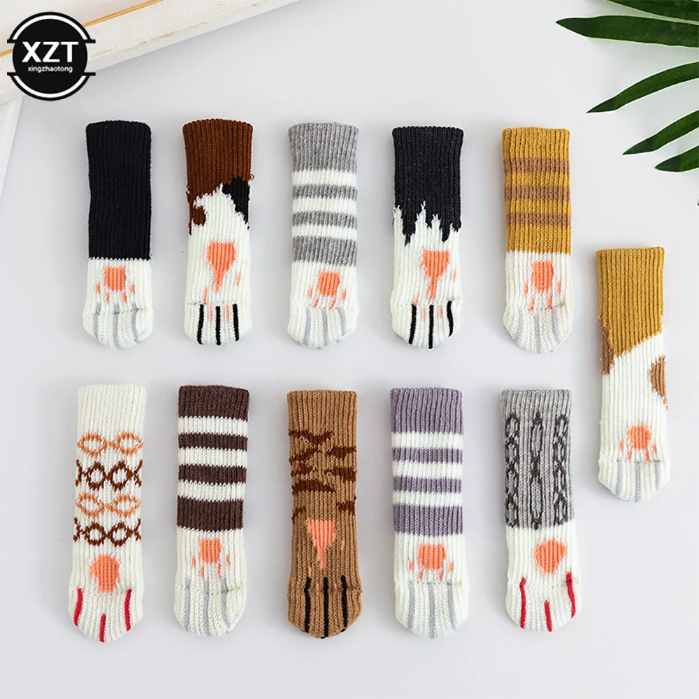 4 Stück Tisch- und Stuhlfußkissen-Schutzhülle, Katzenklaue, gestrickte Socken, verschleißfeste und rutschfeste Heimmatte