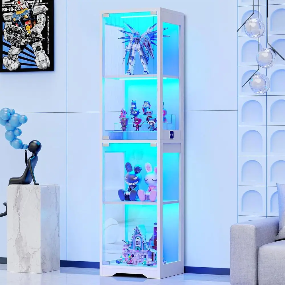 4-Tier White Glass Display Cabinet with 3 Color Lights, Sensor & Door for Collectibles & Storage