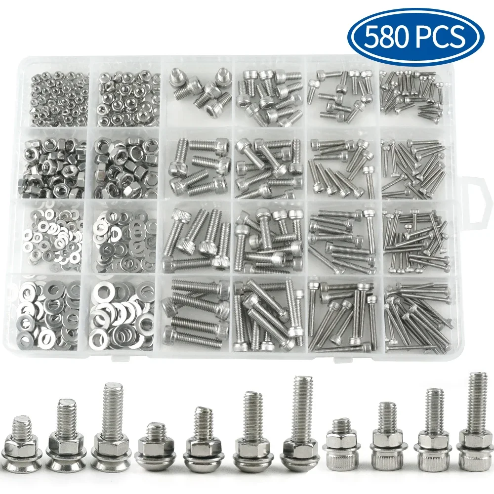 580pcs/set Hex Socket Cap Head Screw Nut Set Stainless Steel M2 M3 M4 M5 Hexagon Flat Round Cap Head Screw Assorted Kit