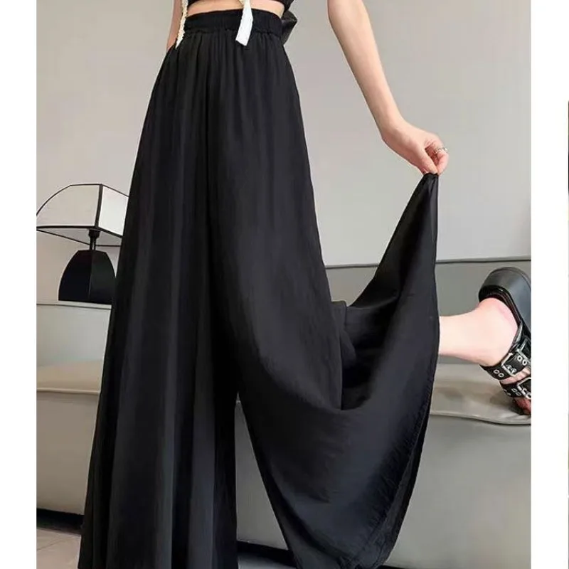 Solid Color Spring Summer High Waisted Shirring Women's Elastic Pockets Casual Loose Wide Leg Baggy Korean Fashion Sweatpants