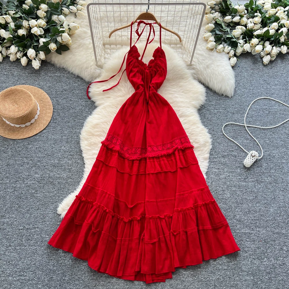 Chic vintage backless halter senza maniche Elegante fata moda coreana Boho Sundress abbigliamento donna